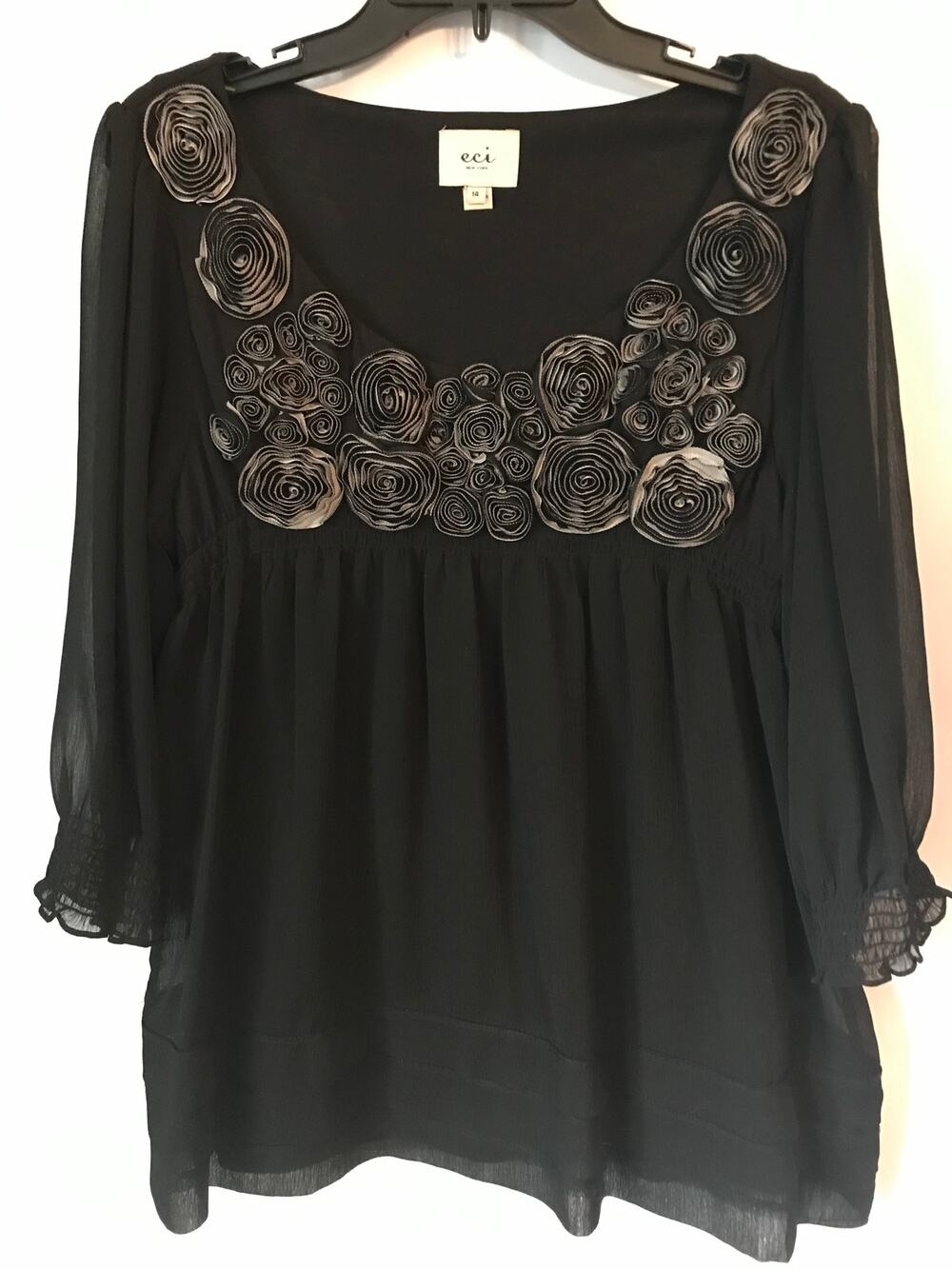 Eci New York Blouse 14 Women Witchy Goth Baby Doll Rosettes Sheer Overlay Black